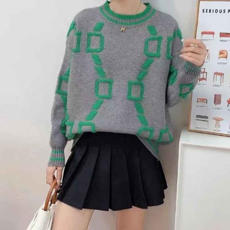 Knitted Sweaters Women 2023 Spring/Autumn Round neck Letter  Embroidery Pullovers Top Temperament casual warm Tee contrast color
