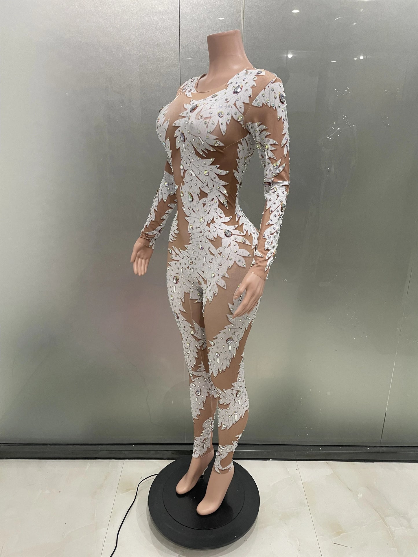 Sexy Crystal High Stretch Bodycon Long sleeve Jumpsuit Women Celebrate Nightclub Party club Performance Costume Stage Wear