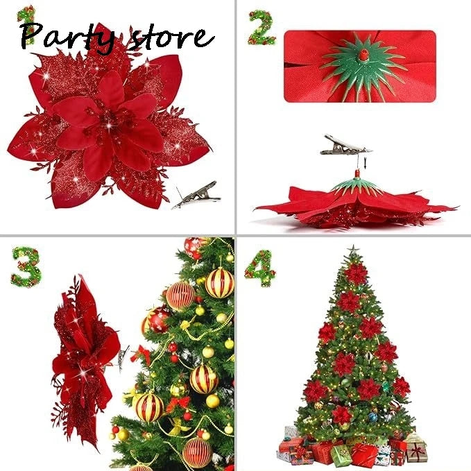 Silver Glitter Christmas Flowers Silver Xmas Tree Artifical Flower Ornaments Merry Christmas Decoration For Home Party New Year