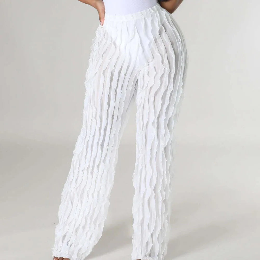 Women Pleated Ruffle Wide Leg Loose Pants Summer Female Mesh Wave Striped Full Trousers FDYFFZC-Y1260