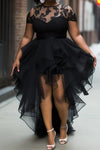 Women Plus Size Lace Patchwork Dress Short Sleeve Irregular Hem Elegant Sheer See Through Party Cocktail Evening Long Dresses