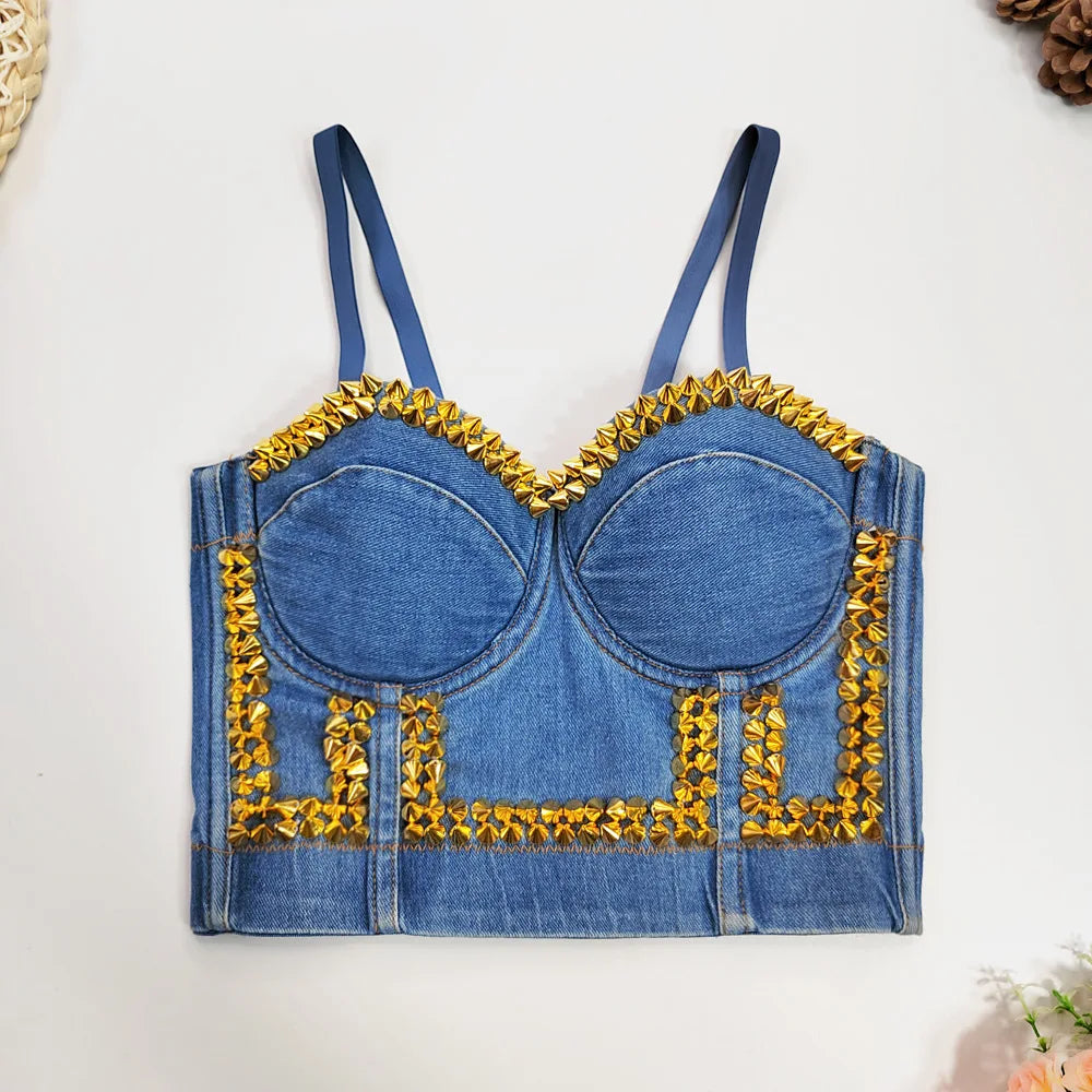Irene Tinnie Sexy Cute Hole Cartoon Decoration Push Up Bustier Women's Denim Bralette Cropped Top Vest Plus Size