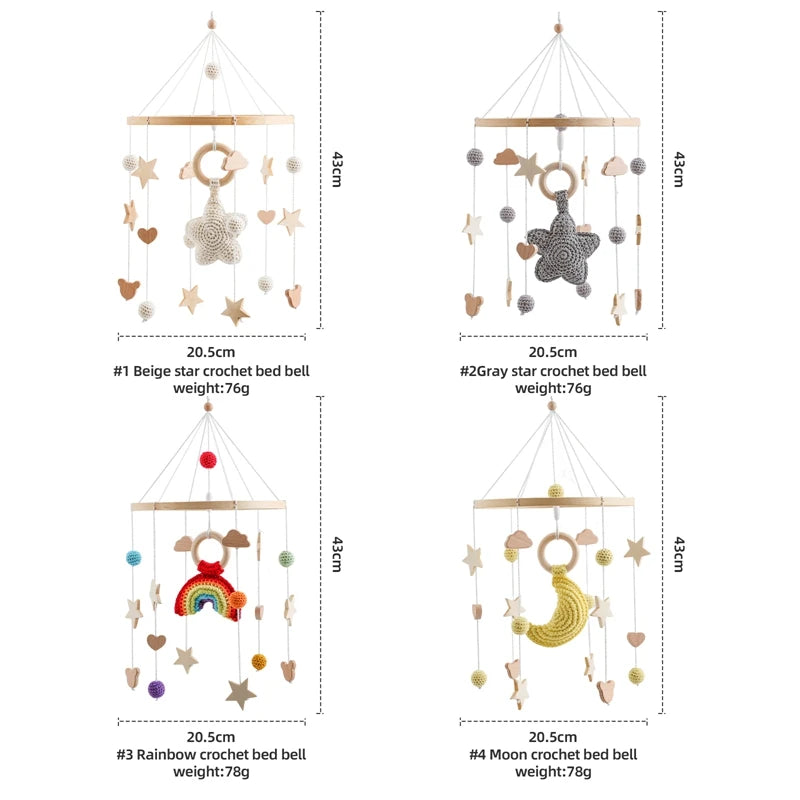 Baby Crib Mobile Bed Bell Rattle Toys Wooden Crochet Stars Pendant Bed Bell Toys Newborn Comfort Crib Bracket Hanging Toys Gifts