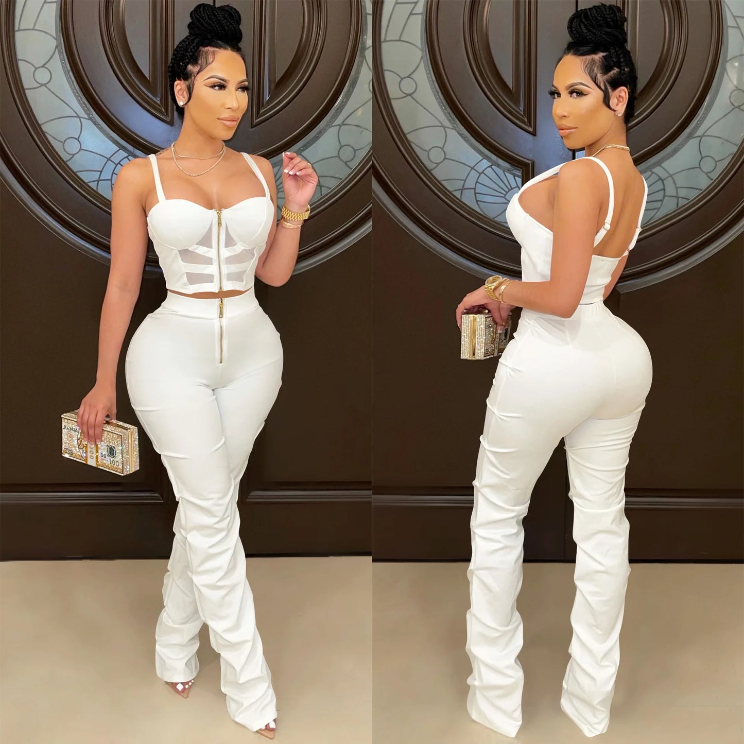 Sexy Solid Color Women's 2-Piece Slim Fit Open Back Zipper Tank Top+High Waist Trouser Set Amazing Bust Wrapping Street Clothing