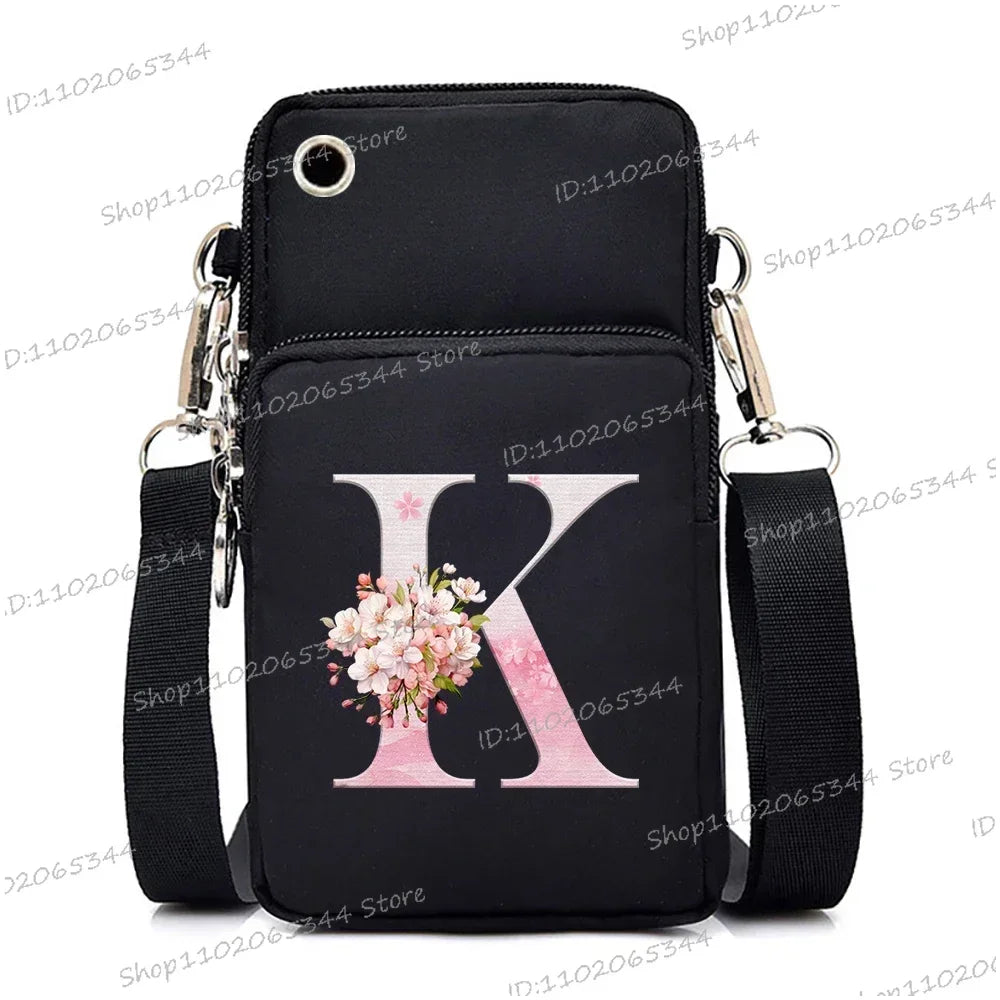 Women‘s Messenger Bag Small Handbag Crossbody Shoulder Wallet for Phone Sakura 26 Alphabet Print Coin Purse Ladies Card Holder