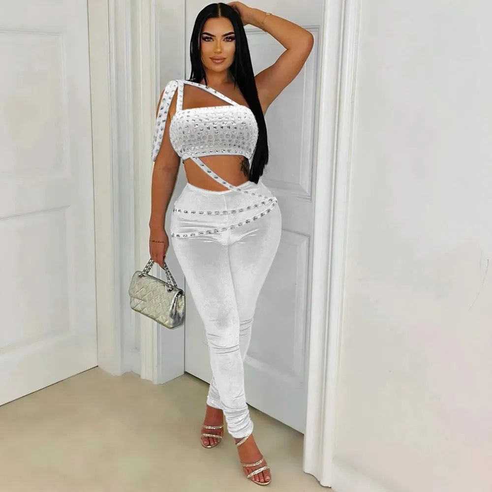 Joskaa Women Velvet 2 Piece Sets Sexy Diamonds Wrap Chest Tank Tops and Pencil Pants Match Winter Party Club Outfits Streetwear