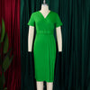 2024 summer new short sleeve V-neck waist solid color Tunle pencil skirt dress
