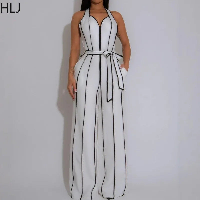 HLJ Elegant Stripe Patchwork Jumpsuits Women Halter Sleeveless Bow Belted Wide Legs Rompers Female Night Clubwear Overalls New