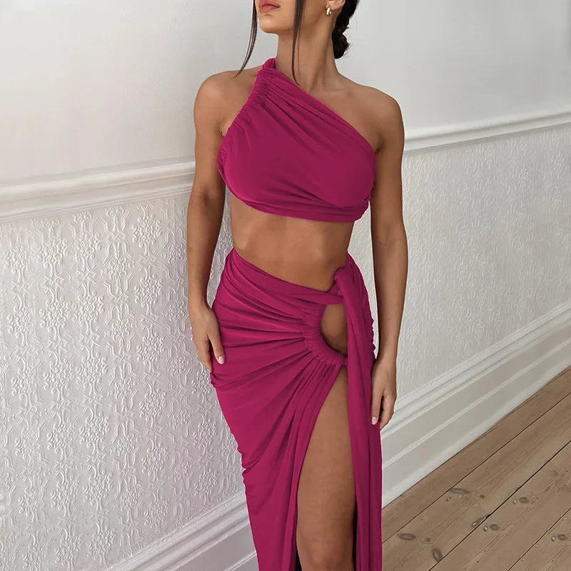 Ladies Spring 2 Pieces Sleeveless Backless Strap Spit Crop Top Side Slit Slim Fit Maxi Skirt Set Women Evening Party Clubwear