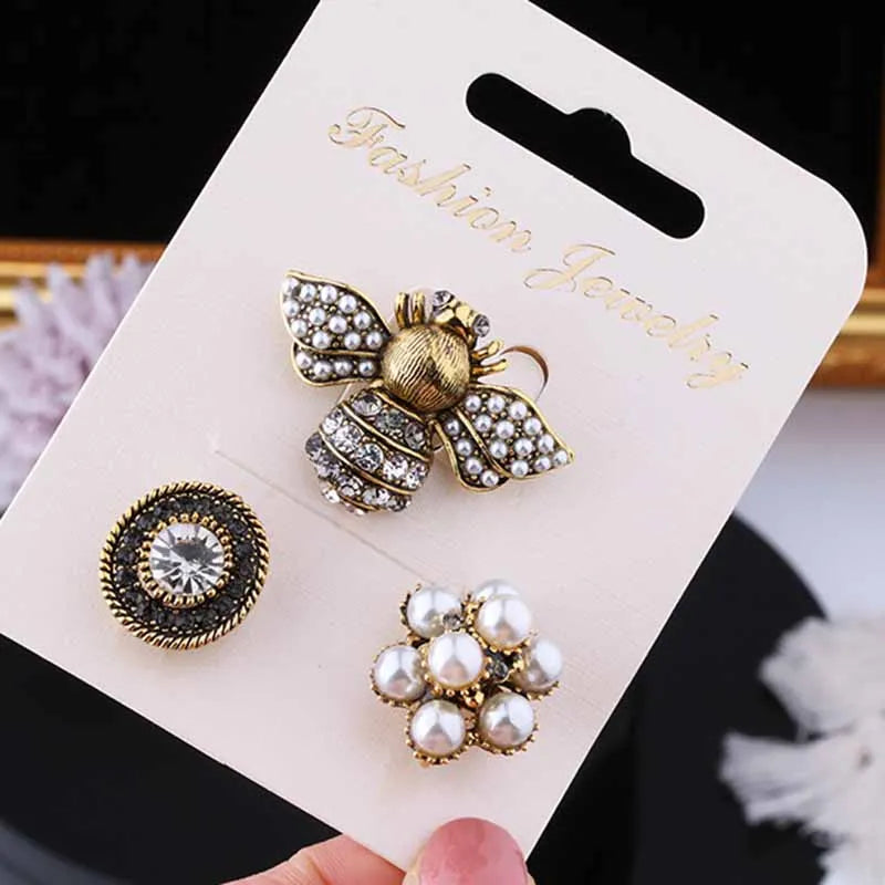 Korean 3pcs/set brooch pins bee pearl rhinestone brooch pins all-matching retro jewelry accessories for women