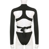Goth Sexy Solid Color Jumpsuit Women Y2k Hollow Out Cyber Punk Long Sleeve Patchwork Bodysuit Streetwear Emo Alt Rave Outfit