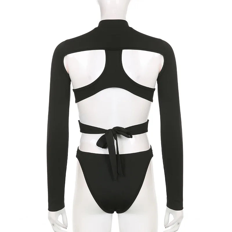 Goth Sexy Solid Color Jumpsuit Women Y2k Hollow Out Cyber Punk Long Sleeve Patchwork Bodysuit Streetwear Emo Alt Rave Outfit