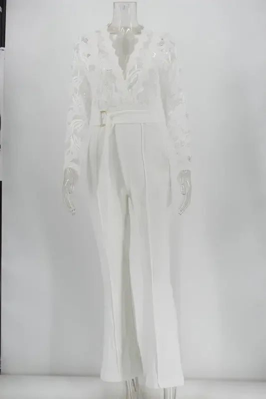White Jumpsuit Women Overalls Elegant Lace Long One Piece High Waist Feather Y2k Sexy Wedding Party Night Evening Rompers