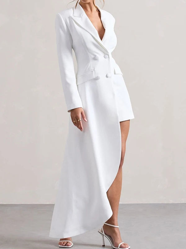Yeezzi 2025 New Urban Female Black White High-low Notched Collar Blazer Office Ladies Fashion Buttoned Pocket Commute Outerwears