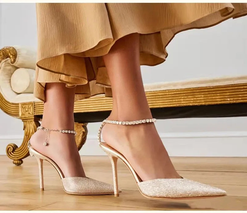Luxury Crystal Sequined Women Pumps Elegant Thin High heels Spring Summer Fashion Chains Party Shoes Sexy Wedding Bridal Shoes