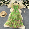 Elegant Slash Neck Vintage Short Puff Sleeve Chic Print Slim Chiffon Dresses French High Street Evening Autumn Mesh Clothing