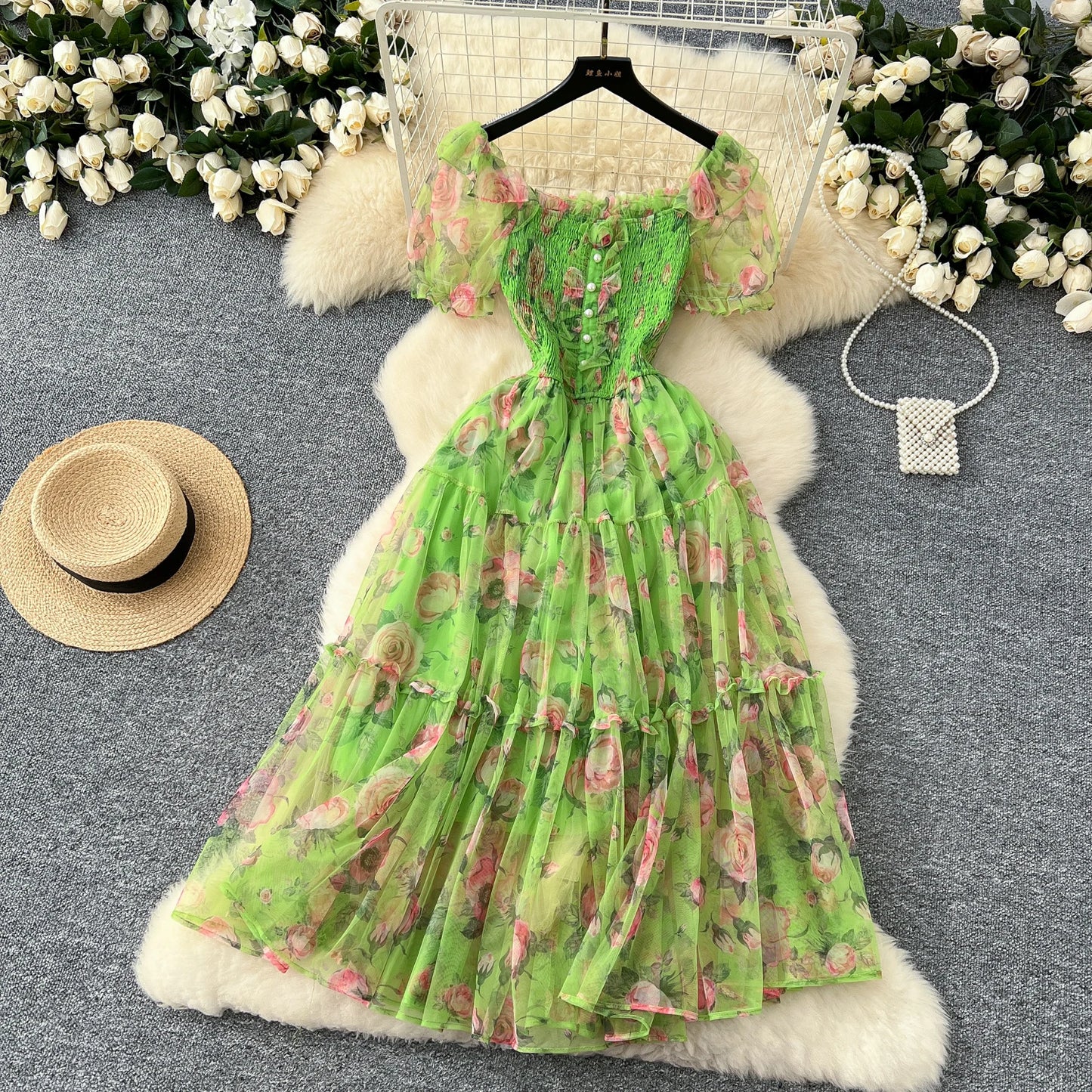 Elegant Slash Neck Vintage Short Puff Sleeve Chic Print Slim Chiffon Dresses French High Street Evening Autumn Mesh Clothing