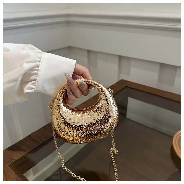 New Gold Silver Fashion Acrylic Moon Women's Handbags Luxury Ladies Clutch Bags Dinner Bag with chain 2024