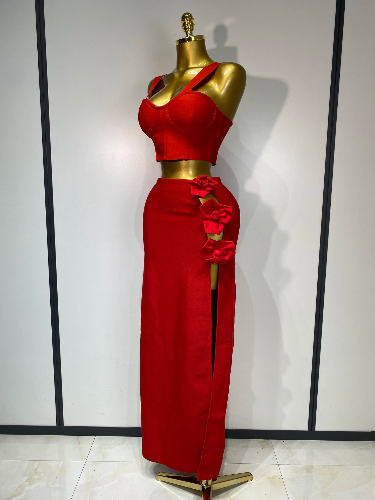 Summer New 2025 Women Sexy Flower Black Red Bandage Two Piece Set Celebrity Evening Party Skirt Suits Luxury Birthday Outfit