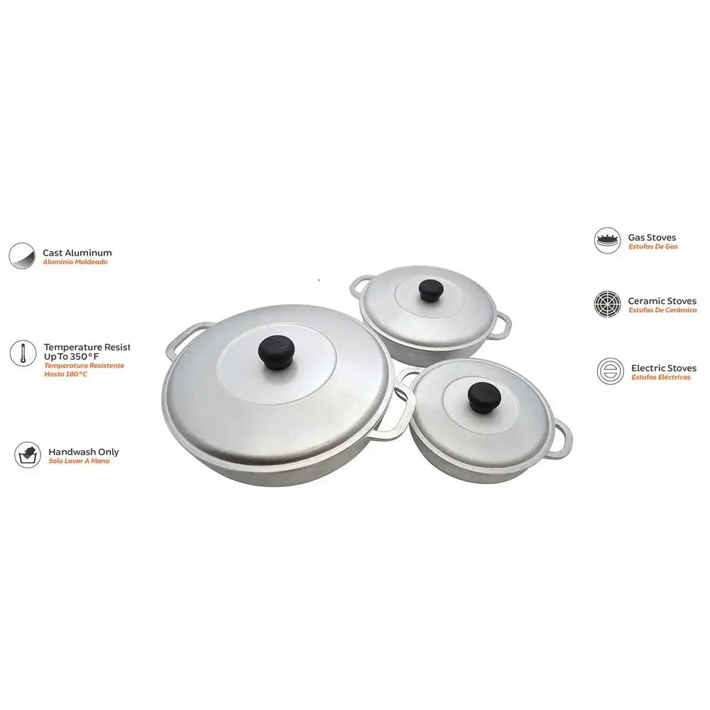 Colombian Cast Aluminum Caldero Set with Lid Rice Beans Meat Stews 3-Piece Traditional Design Seasoned Finish Oven Safe Variety