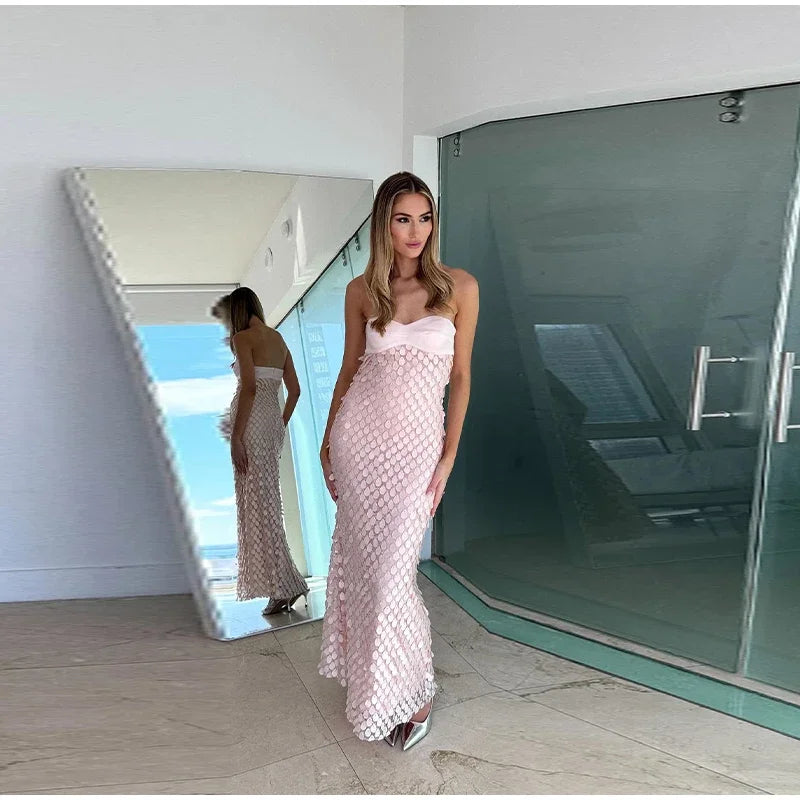 Sexy Stain Long Dress Women Patchwork Solid Tube Top Sleeveless Party Dresses 2025 Summer Lady Slim Vacation Backless Robes