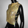 Sexy Rhinestone Backless Party Crop Top Women Glitter Turtleneck TShirt Adjustable Metal Chain Summer Nightculb Diamond Tank Top