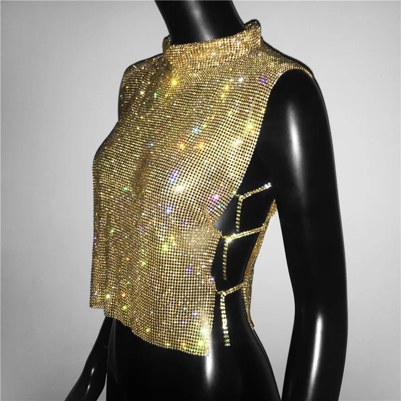 Sexy Rhinestone Backless Party Crop Top Women Glitter Turtleneck TShirt Adjustable Metal Chain Summer Nightculb Diamond Tank Top