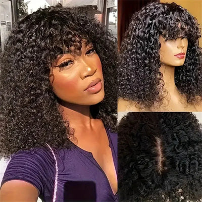 Kinky Curly Short Bob Wig with Bangs Human Hair Straight Bang Bob Wig Glueless Minimalist 2x1 Lace Scalp Bob Bang Wig For Women