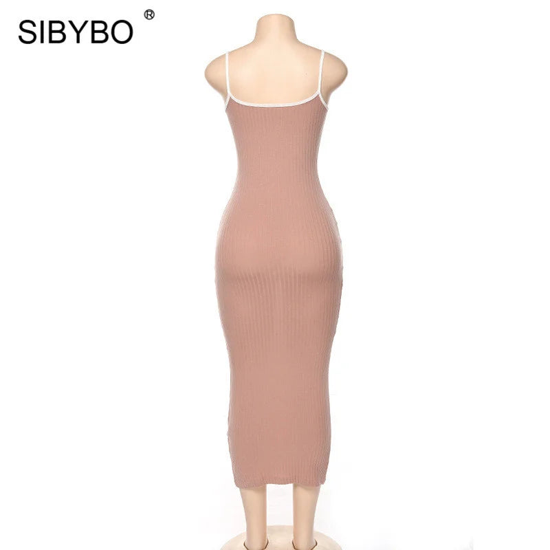 SIBYBO Ribbed Spaghetti Strap Cotton Dress Women Sleeveless O-Neck Summer Dress Solid Backless Long Party Dress