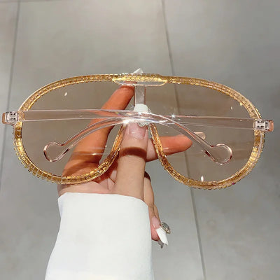 Oversized Pilot Sunglasses Women For Female Luxury Brand Designer Sun Glasses Vintage Big Frame One Piece Diamond Crystal Shades