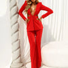 Modphy Red Sexy V-neck Long Sleeve Jacket+High Waist Flare Pants Blazer Set Women'S 2025 New Hollow Out Designer Two-Piece Set
