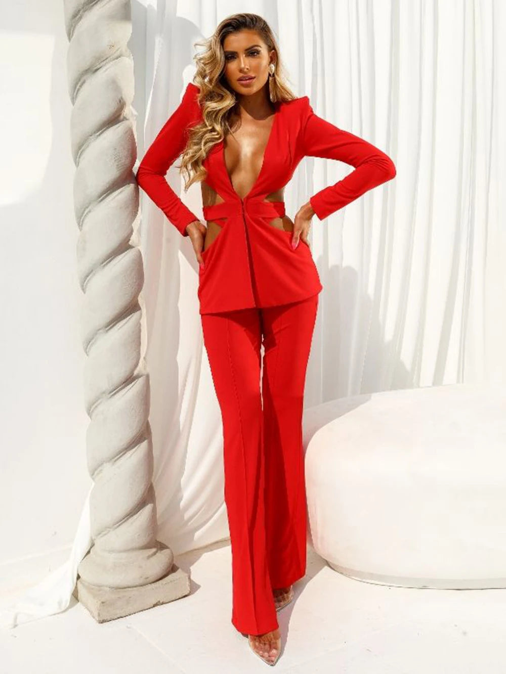 Modphy Red Sexy V-neck Long Sleeve Jacket+High Waist Flare Pants Blazer Set Women'S 2025 New Hollow Out Designer Two-Piece Set