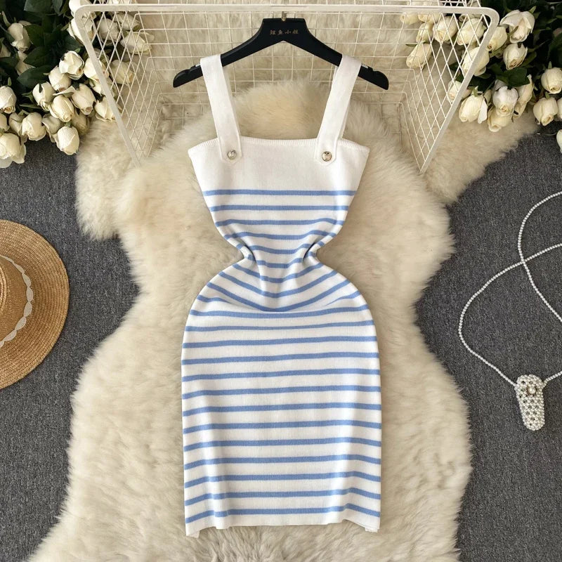 Striple 2024 Sexy Summer Knit Strap Dress Women Tank Elatic Waist Bodycon Sundress Female Beach  Backless Midi Dress