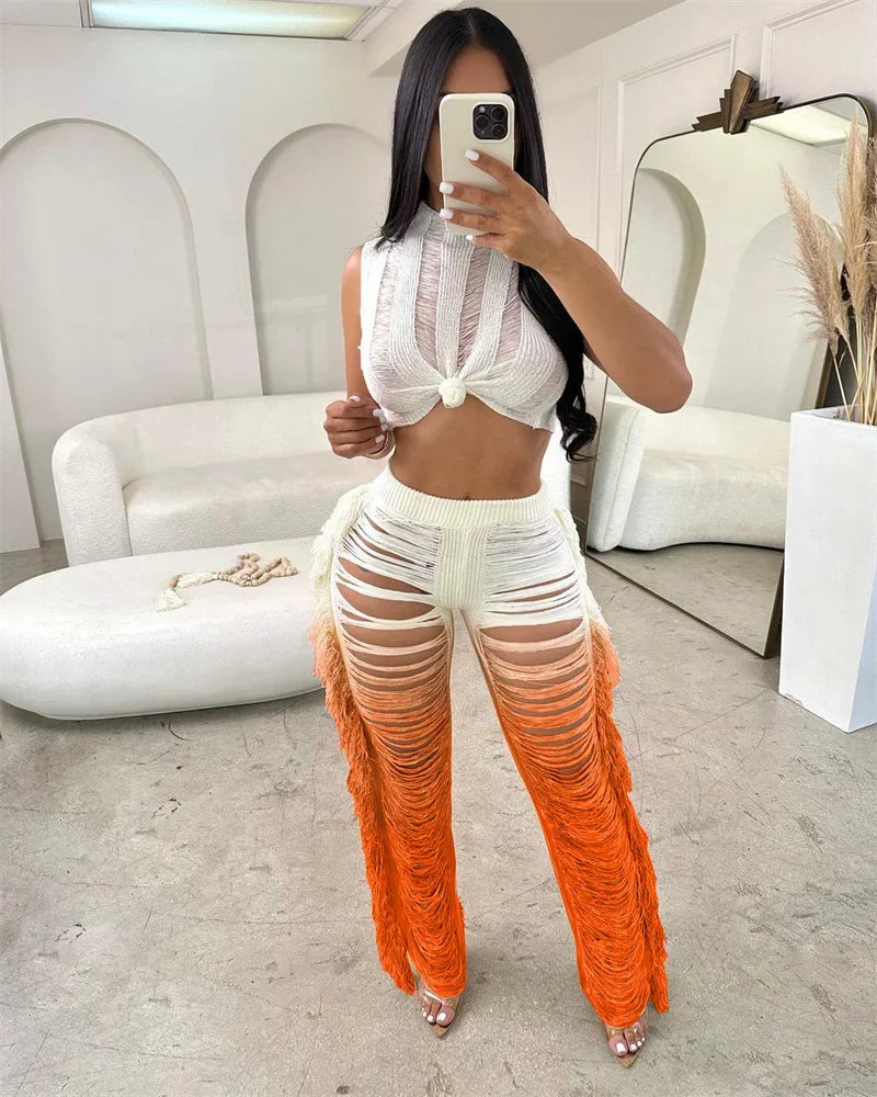 Gradient Color Crochet Two Piece Set for Women Summer Beach Crop Top and Wide Leg Pants Tassel Hollow Out Hole Vacation Outfits