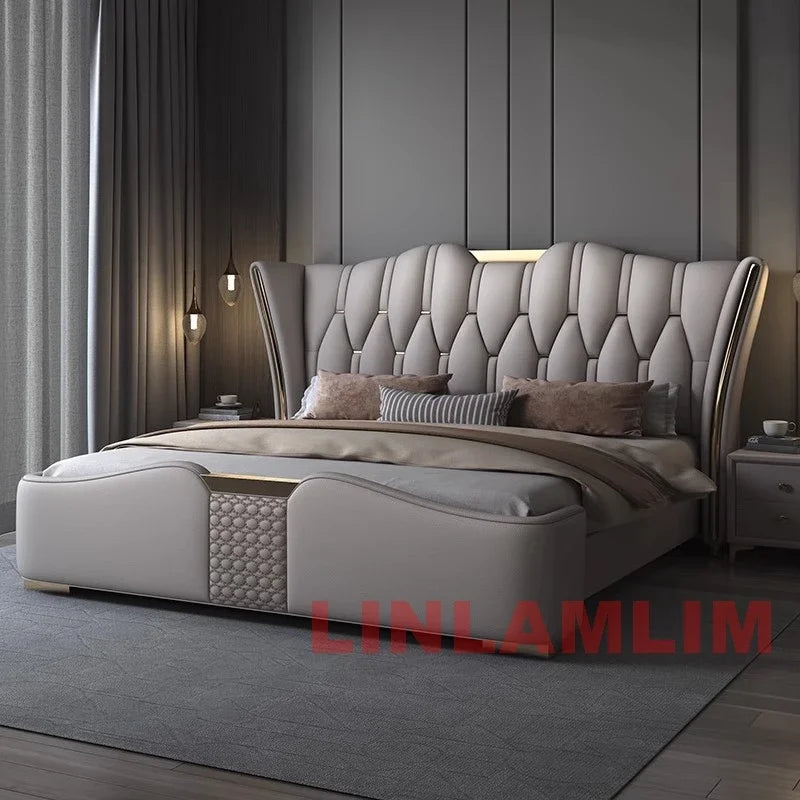 MINGDIBAO Luxury Modern Upholstered Bed Frame with Gold Accents, Genuine Leather Designer Bed, Queen/King Size Bedroom Furniture