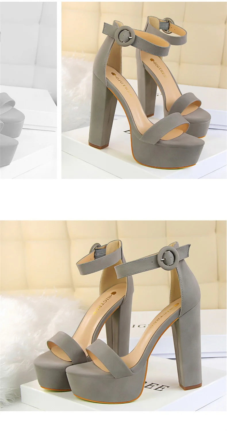 Fashion Women Pumps Sandals Summer Platform Belt Buckle Strap PU Square Heel Outdoor Korean Style Black Open Toe Grace 1550-1
