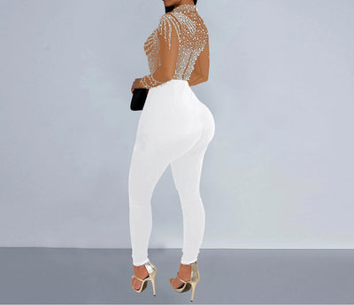 Elegant Women Jumpsuit Streetwear 2024 Spring Fashion Versatile Casual Solid Color Hot Diamond Long Sleeve Jump Suits for Female