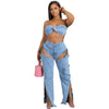 Denim Pants Sets for Women 2024 Sexy Streetwear Two Piece Set Outfits Chest Wrap Sleeveless Backless Top Hollow Out Jeans