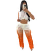 Gradient Color Crochet Two Piece Set for Women Summer Beach Crop Top and Wide Leg Pants Tassel Hollow Out Hole Vacation Outfits