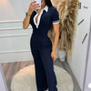 Beyprern Women's Turn-Down Collar Patchwork Wide Legs Jumpsuits Fashion Short Sleeve Stretchy Fitted Overall Night Club Outfits