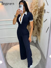 Beyprern Women's Turn-Down Collar Patchwork Wide Legs Jumpsuits Fashion Short Sleeve Stretchy Fitted Overall Night Club Outfits