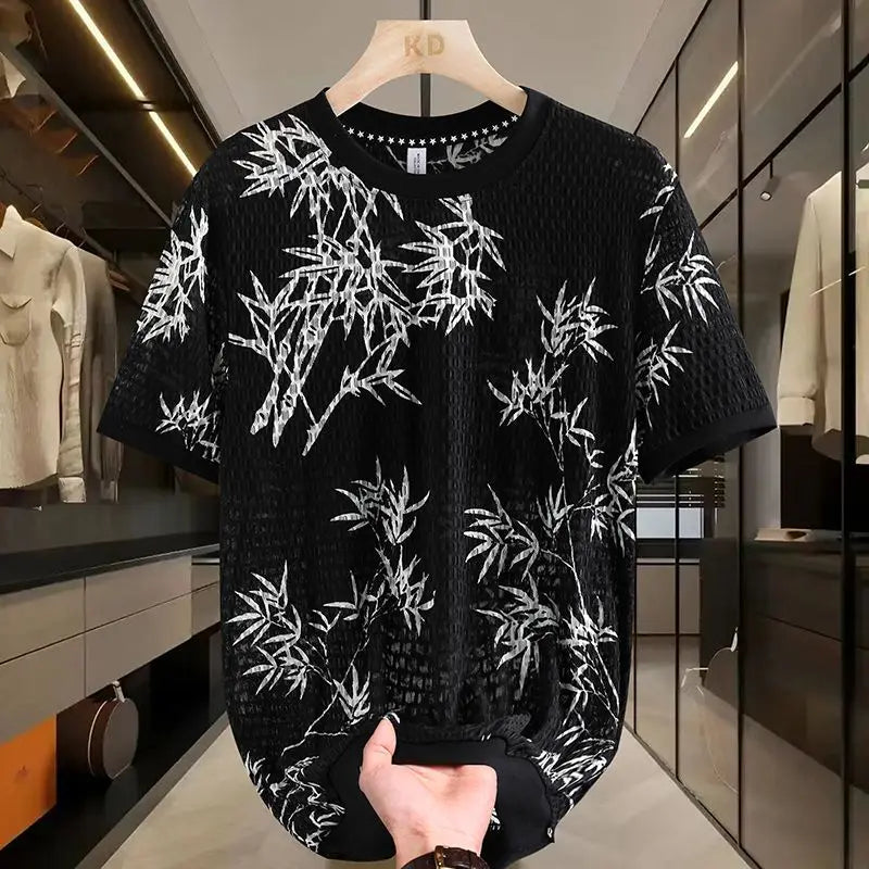 Simplicity Trendy Summer Men's O-Neck Printing Hollow Out Gauze Fashion Casual All-match Loose Short Sleeve T-Shirts Tops