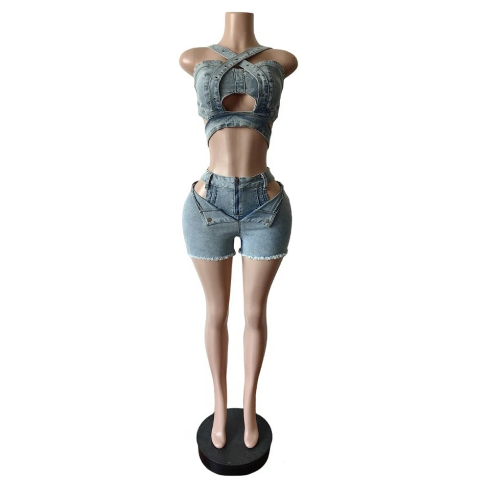 Sexy Jean Women Short Sets Straps Denim Crop Top and Cut Out Shorts Set 2025 Summer Clothes Streetwear Two 2 Piece Club Outfits
