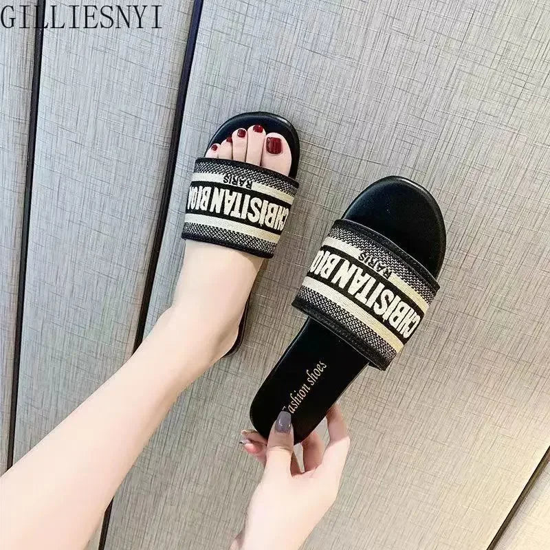2024 Letter Slippers Fashion Flat Woman Single Shoes Casual Shoes Female Outer Wear Letter Sandals Women's Shoes Flat