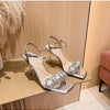 Summer One-word Rhinestone Square Head Sandals Women's Stiletto Open-toed Crystal Gemstone High Heels