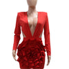 New Sexy Deep V Ruffle 3D Rose Floral White Mini Dresses Woman Long Sleeve Slim Bodycon Vestidos Elegant Birthday Prom Clubwear