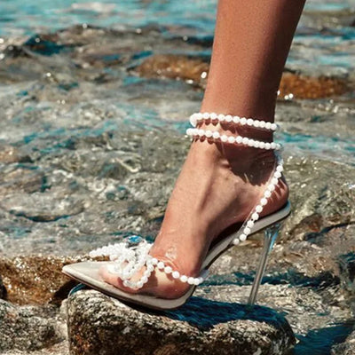Liyke Sexy Weiße String Perlen Damen Transparente High Heels Sommer Mode Schmetterlingsknoten Klare Sandalen Spitze Zehenschuhe Pumps