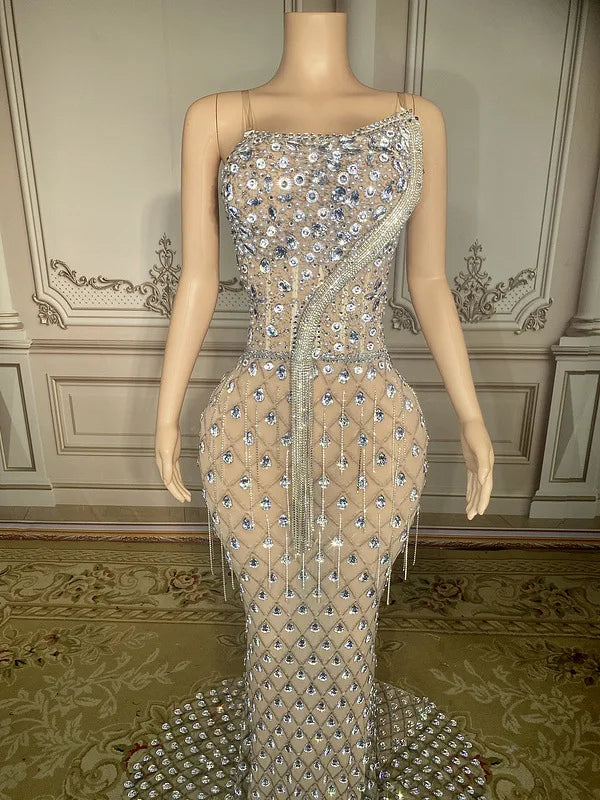 Charming Bright Crystal Dress Sexy Luxury Beaded Rhinestone Tulle Evening Dress Prom Party Dress Noble Wedding Wedding Dress