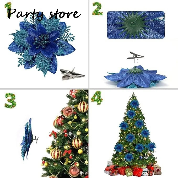 Silver Glitter Christmas Flowers Silver Xmas Tree Artifical Flower Ornaments Merry Christmas Decoration For Home Party New Year