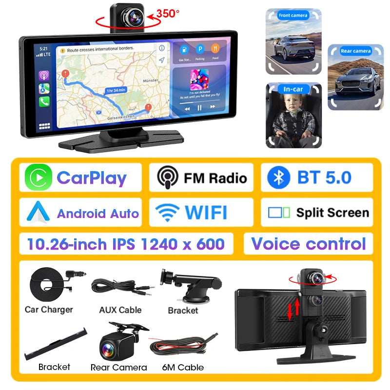 Develuck 10.26" Car DVR 350° Adjustable Carplay Android Auto Dash cam 4K Front&1080P Rear Camera Voice Control WIFI Dual lens FM